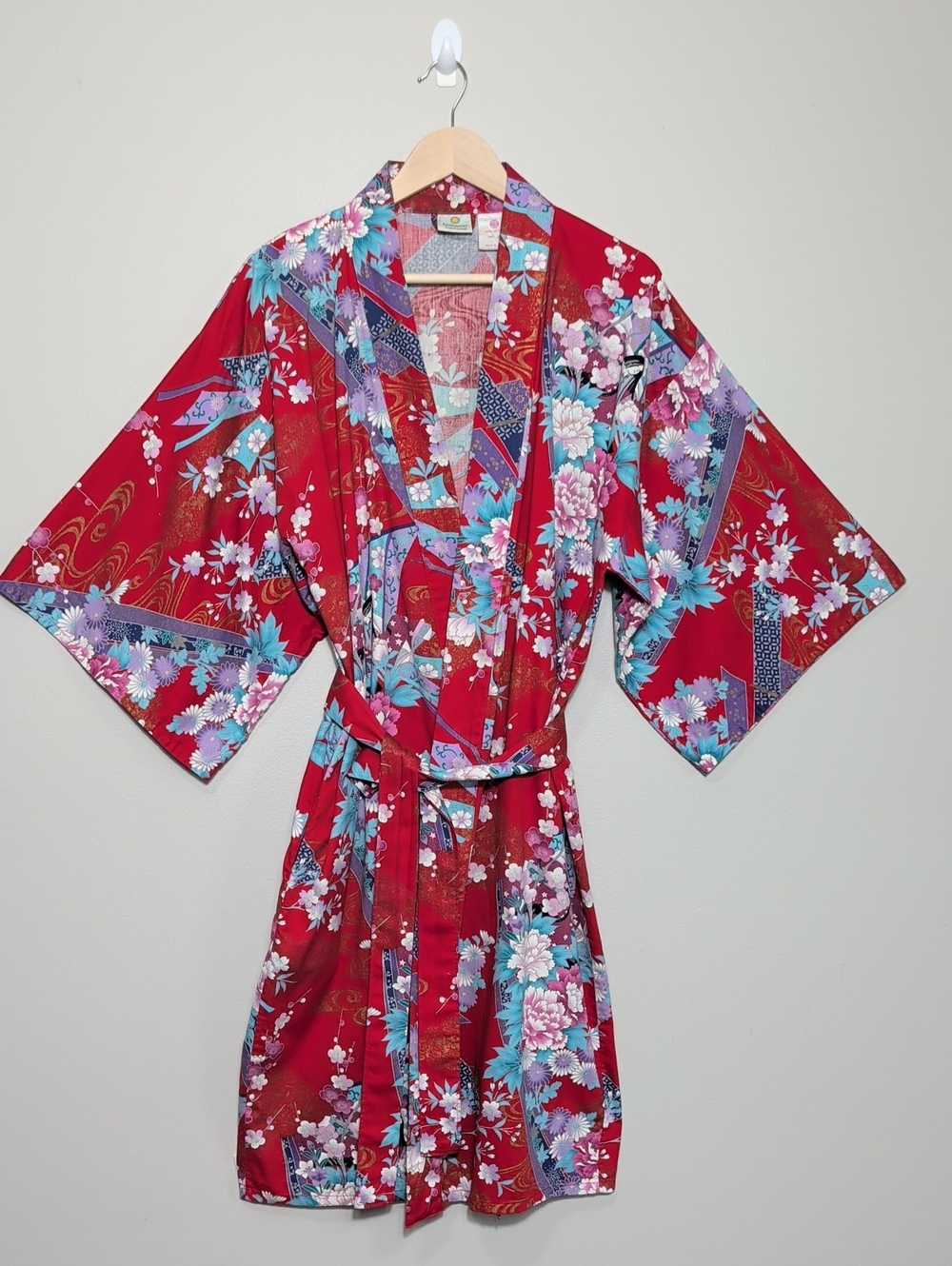 Vintage 90s Smithsonian Institution Floral Red Teal Yukata Kimono Robe Gown OS
